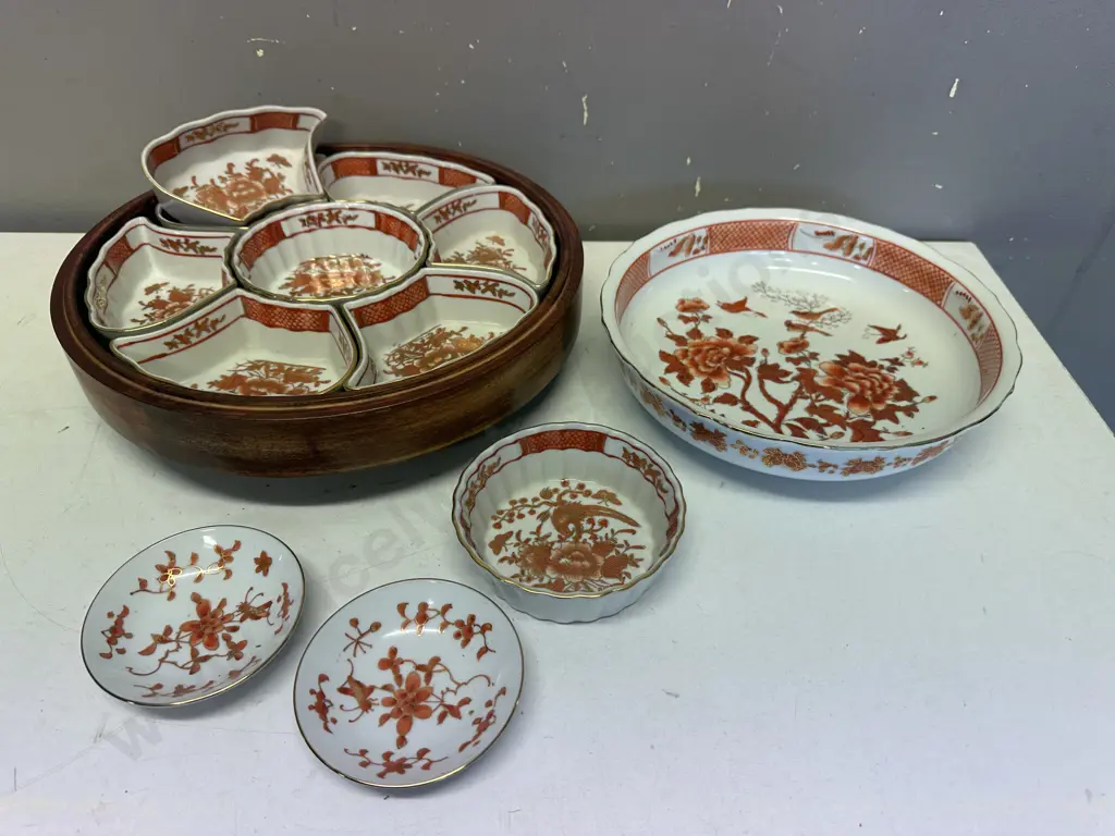 Vintage Lazy Susan Hand Painted Dishes Floral & Orange Gold Pattern Dishes Image 1++