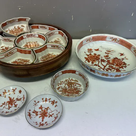 Vintage Lazy Susan Hand Painted Dishes Floral & Orange Gold Pattern Dishes