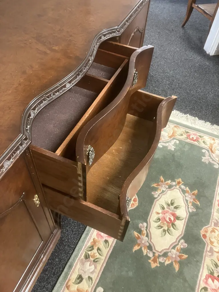 Vintage English 'N. Norman of London' Burr Walnut Sideboard In Queen Anne Style. H98 W138 D55cm Image 1++