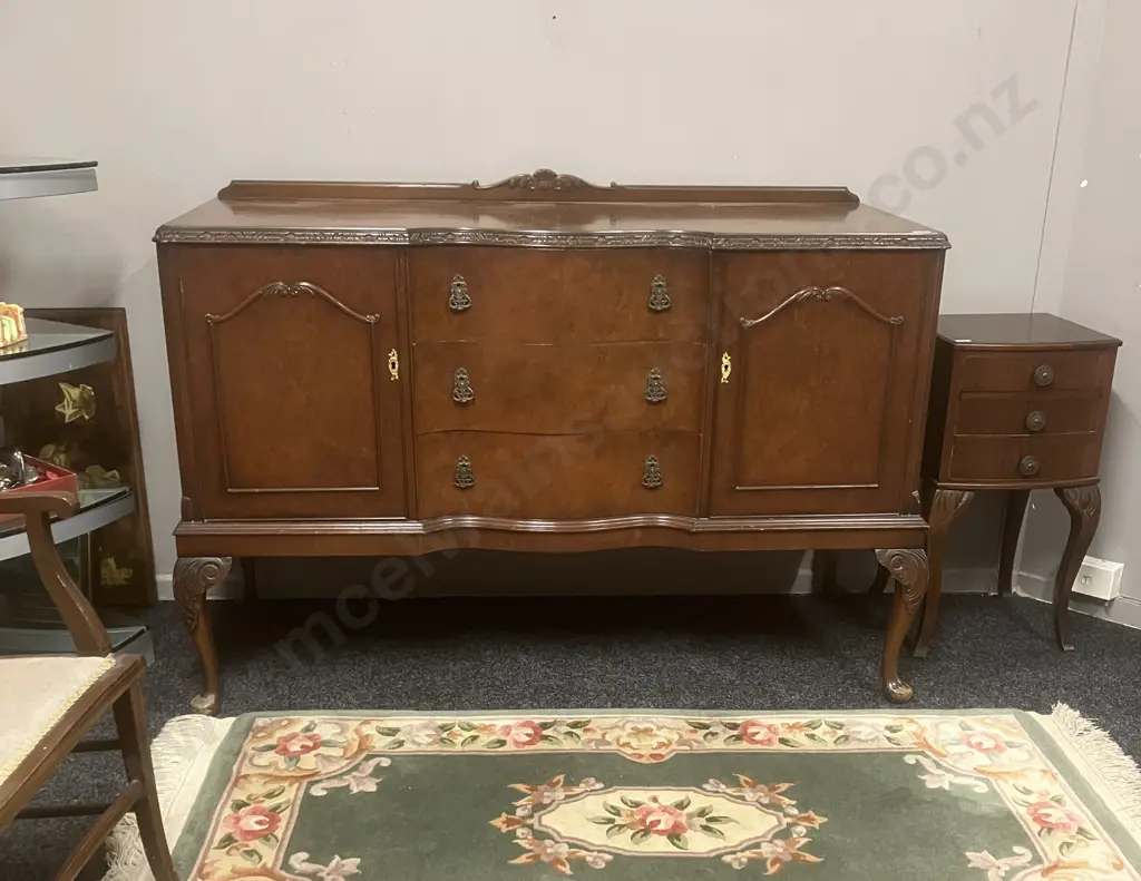 Vintage English 'N. Norman of London' Burr Walnut Sideboard In Queen Anne Style. H98 W138 D55cm Image 1++