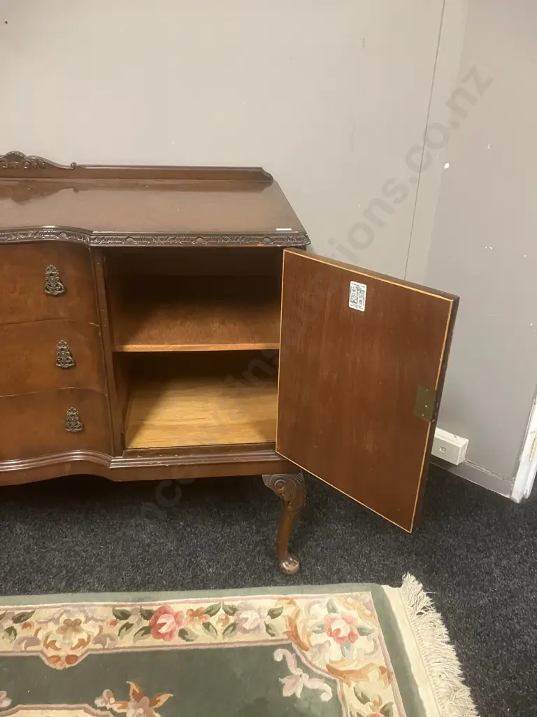 Vintage English 'N. Norman of London' Burr Walnut Sideboard In Queen Anne Style. H98 W138 D55cm Image 1++