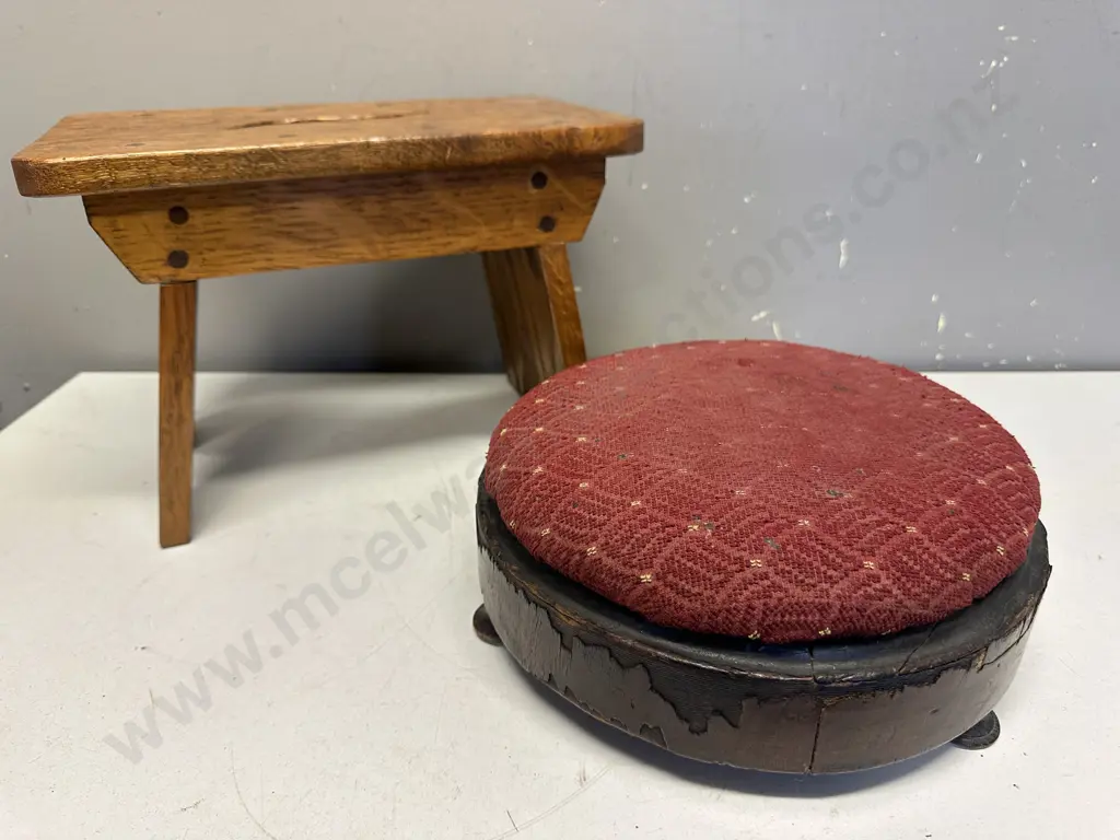 Vintage Oak Stool & Small Round Foot Stool Image 1++