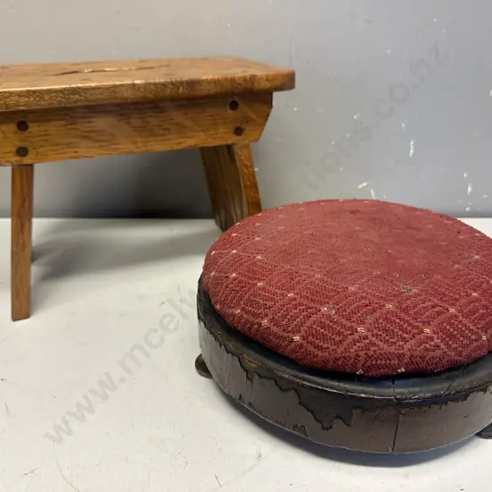 Vintage Oak Stool & Small Round Foot Stool