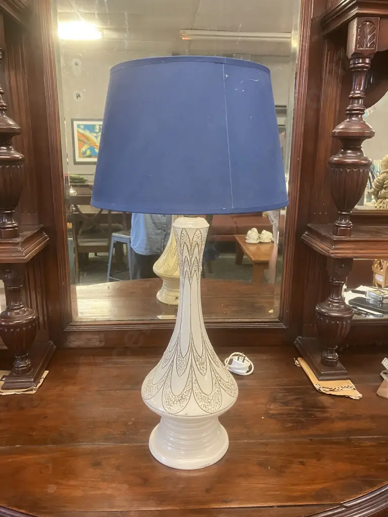 Vintage 1960's Mid Century Modern Tall Ceramic Table Lamp With Blue Shade. 67cm Image 1++