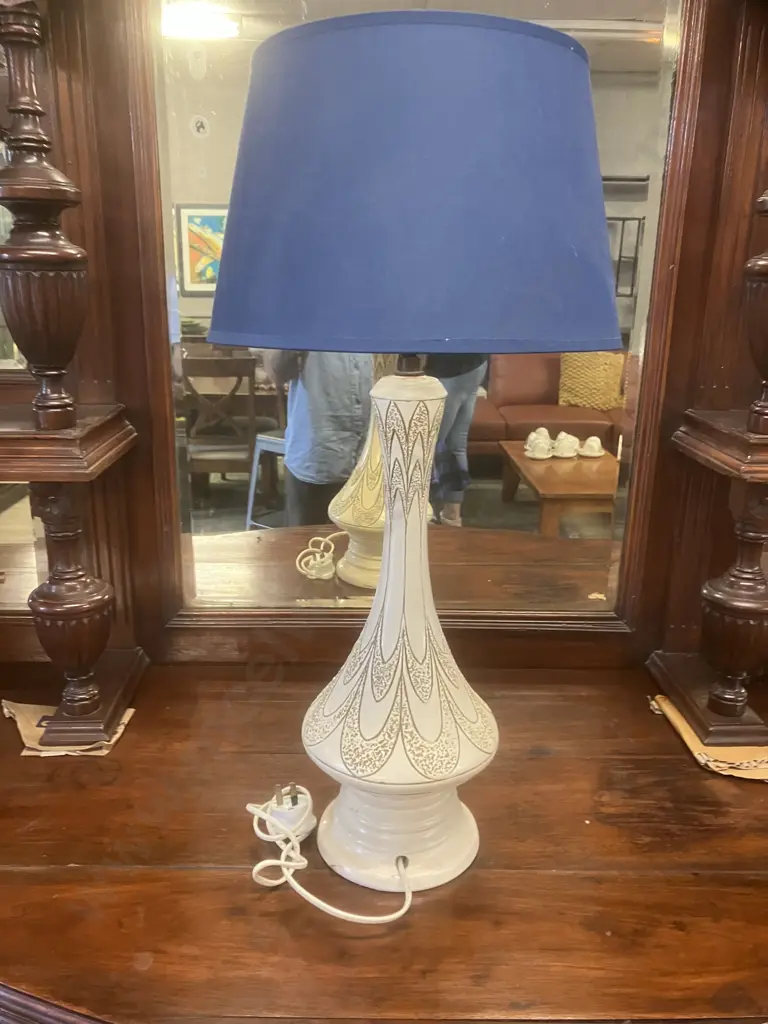 Vintage 1960's Mid Century Modern Tall Ceramic Table Lamp With Blue Shade. 67cm Image 1++