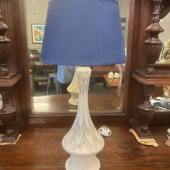 Vintage 1960's Mid Century Modern Tall Ceramic Table Lamp With Blue Shade. 67cm