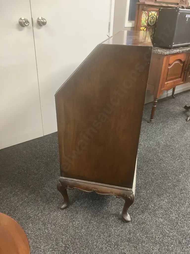 Antique Polished Burr Walnut Large Ladies Bureau / Secretary Desk With Keys. H101 W92 D44cm Image 1++