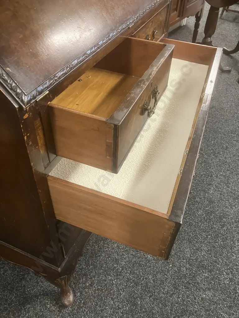 Antique Polished Burr Walnut Large Ladies Bureau / Secretary Desk With Keys. H101 W92 D44cm Image 1++