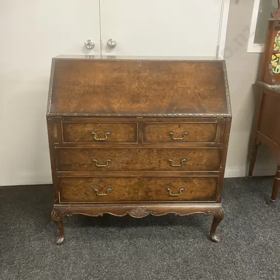 Antique Polished Burr Walnut Large Ladies Bureau / Secretary Desk With Keys. H101 W92 D44cm