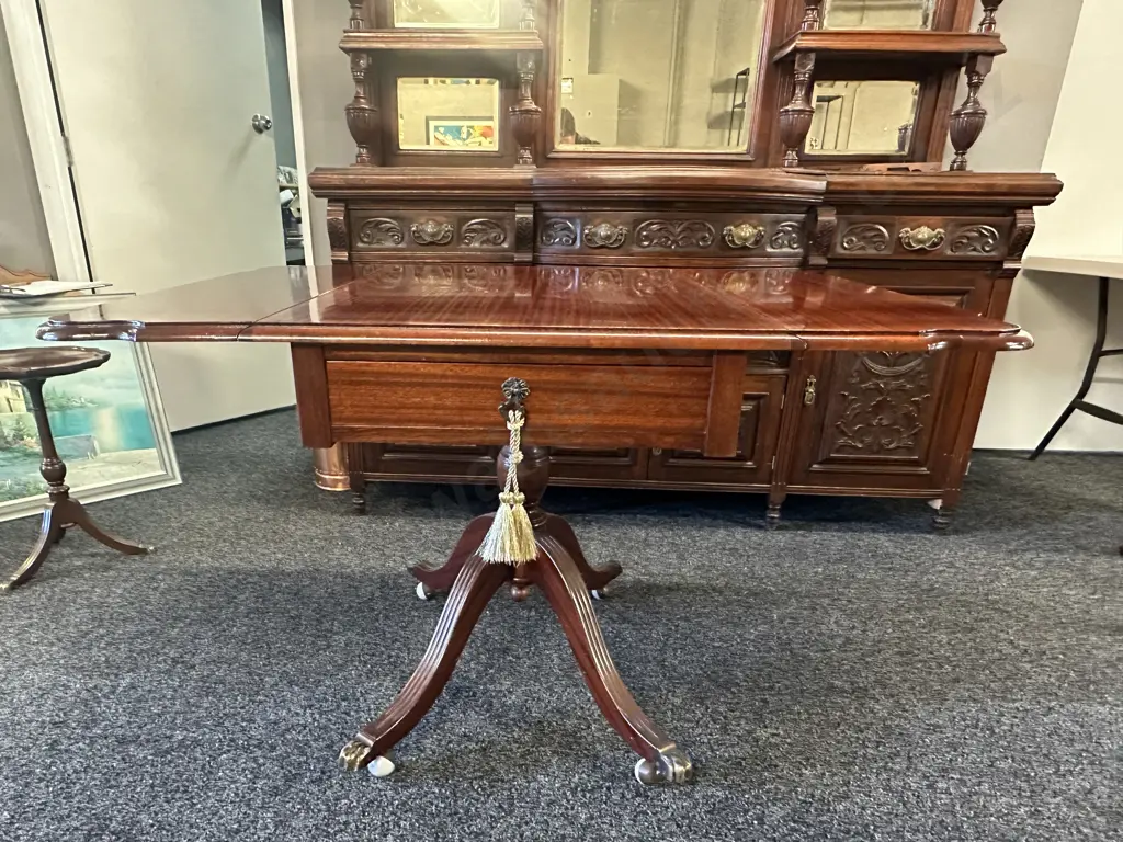 Mahogany Drop Leaf Table Single Drawer Brass Claw Feet On Castors H75,L120,D88cm. Image 1++