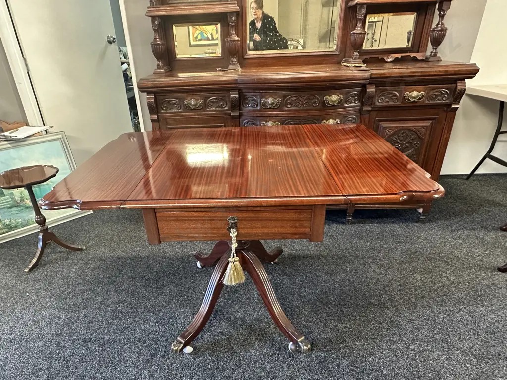 Mahogany Drop Leaf Table Single Drawer Brass Claw Feet On Castors H75,L120,D88cm. Image 1++