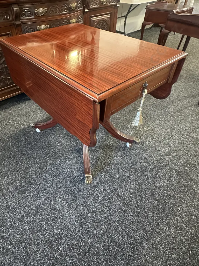 Mahogany Drop Leaf Table Single Drawer Brass Claw Feet On Castors H75,L120,D88cm. Image 1++