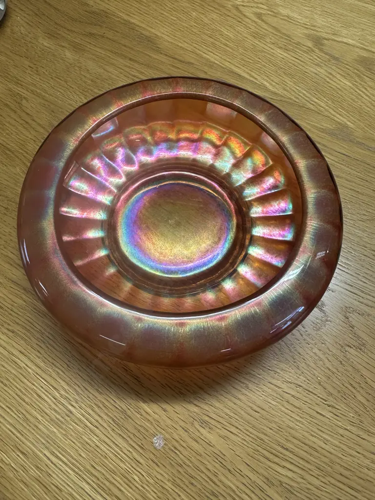 Vintage Marigold Carnival Glass Bowl, Rolled Rim, Iridescent Ribbed Design H6,Dia21cm. Image 1++