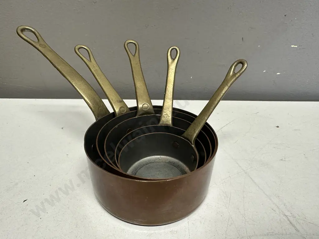 Vintage Original Set Of French Copper & Brass Handled Pans x5 Image 1++