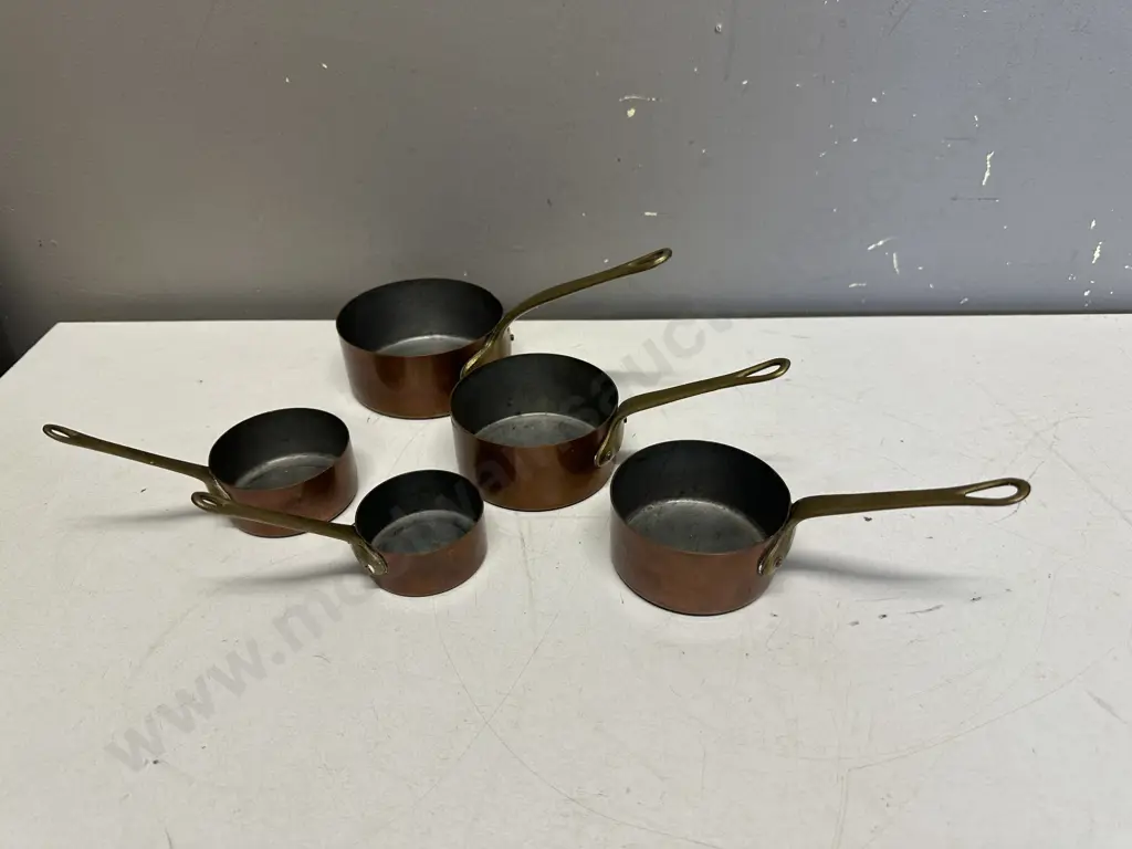 Vintage Original Set Of French Copper & Brass Handled Pans x5 Image 1++