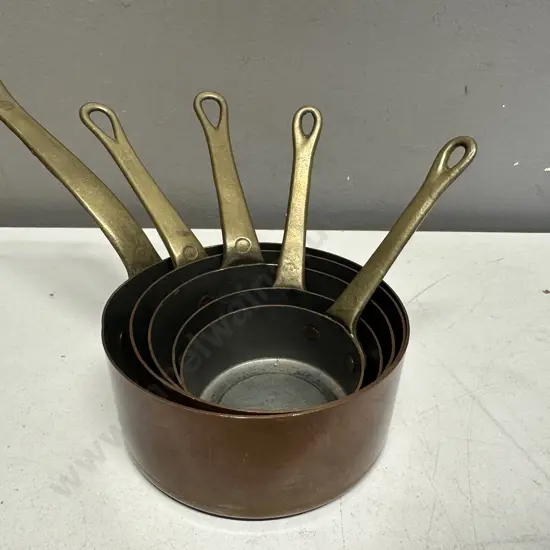 Vintage Original Set Of French Copper & Brass Handled Pans x5