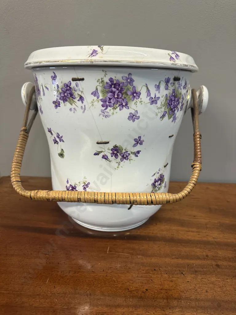 Antique Ceramic Pot With Draining Dish & Cane Handle (as found) H28cm. Image 1++