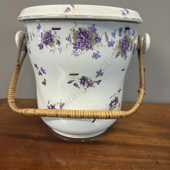 Antique Ceramic Pot With Draining Dish & Cane Handle (as found) H28cm.