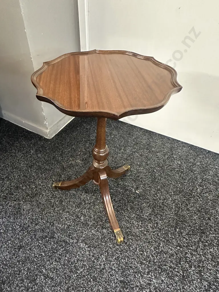 Mahogany Tri Legged Wine Table Scalloped Edge Brass Claw Feet H53,Dia35cm. Image 1++