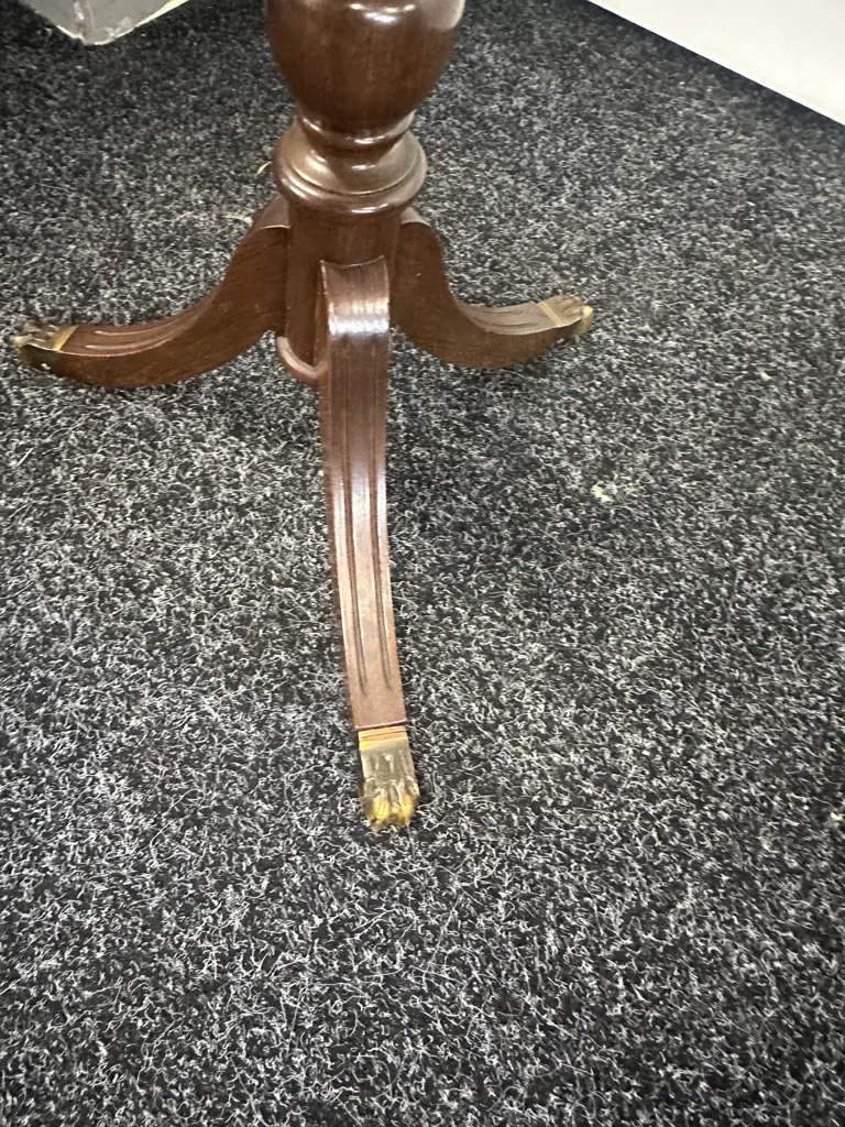 Mahogany Tri Legged Wine Table Scalloped Edge Brass Claw Feet H53,Dia35cm. Image 1++