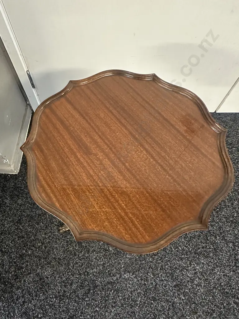 Mahogany Tri Legged Wine Table Scalloped Edge Brass Claw Feet H53,Dia35cm. Image 1++