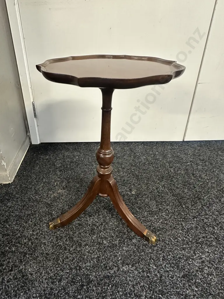 Mahogany Tri Legged Wine Table Scalloped Edge Brass Claw Feet H53,Dia35cm. Image 1++