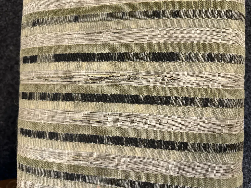 1970s Vintage Queen Style Armchair In Green Striped Fabric, Carved Detailing With Small Cabriole Leg Footstool Image 1++