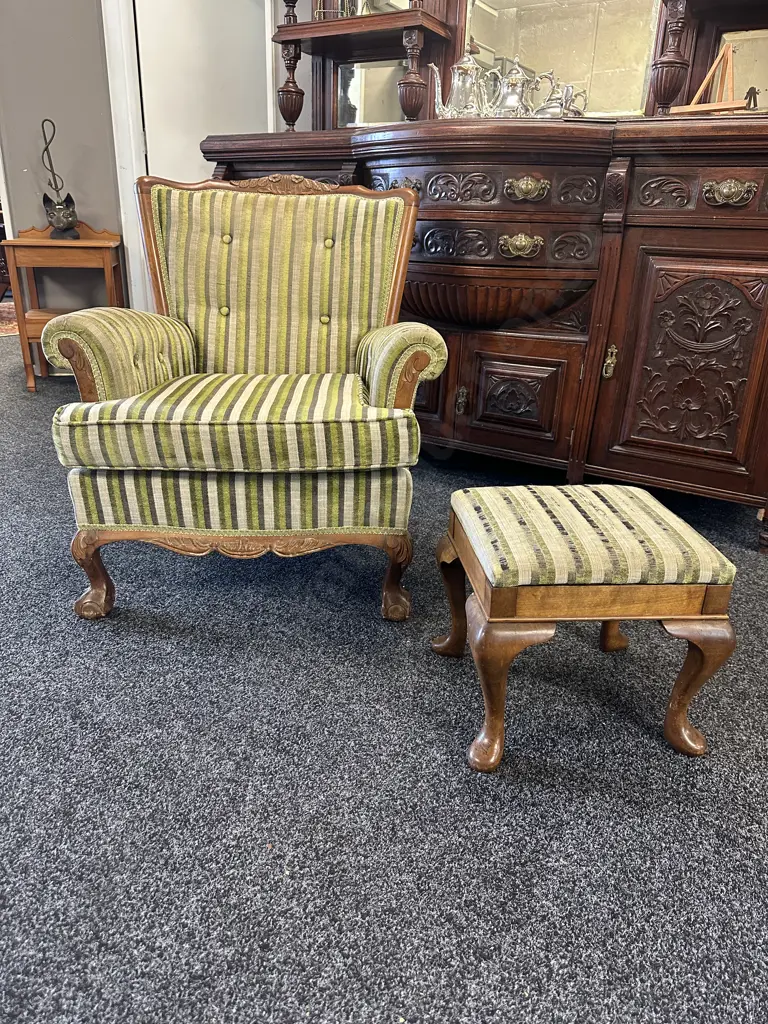 1970s Vintage Queen Style Armchair In Green Striped Fabric, Carved Detailing With Small Cabriole Leg Footstool Image 1++