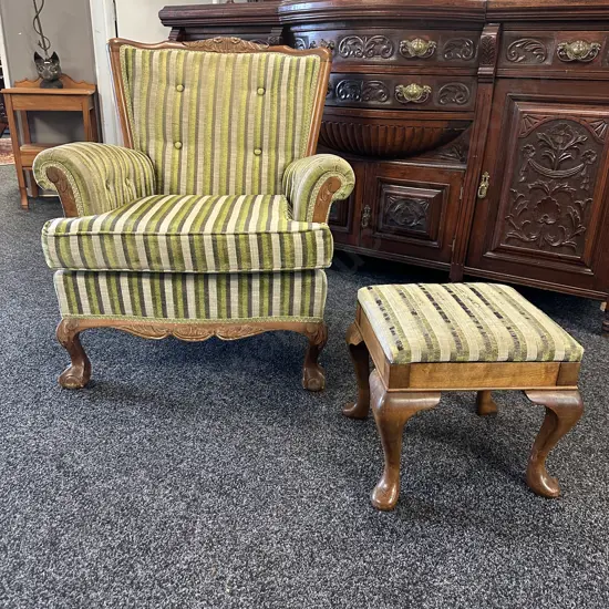 1970s Vintage Queen Style Armchair In Green Striped Fabric, Carved Detailing With Small Cabriole Leg Footstool