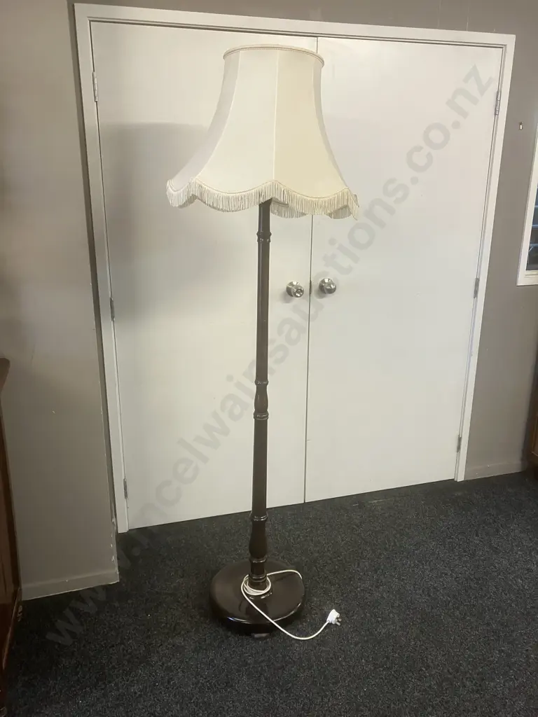 Wooden Standard Lamp With Loose White Frilled Shade. H182cm Image 1++