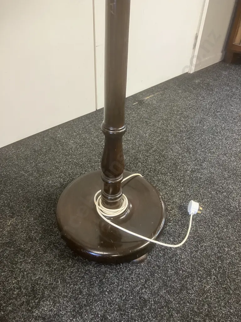 Wooden Standard Lamp With Loose White Frilled Shade. H182cm Image 1++