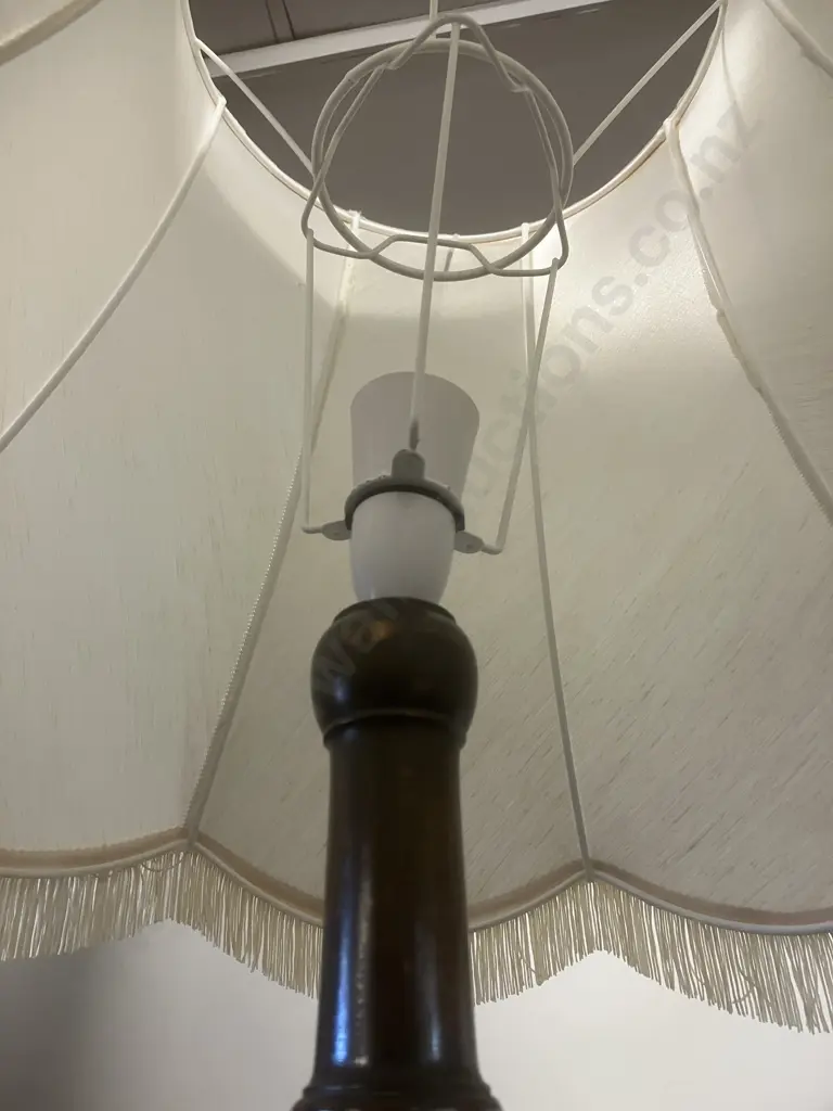 Wooden Standard Lamp With Loose White Frilled Shade. H182cm Image 1++
