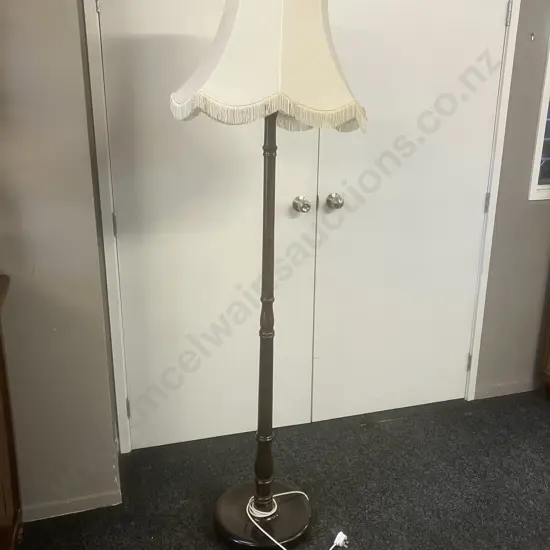 Wooden Standard Lamp With Loose White Frilled Shade. H182cm