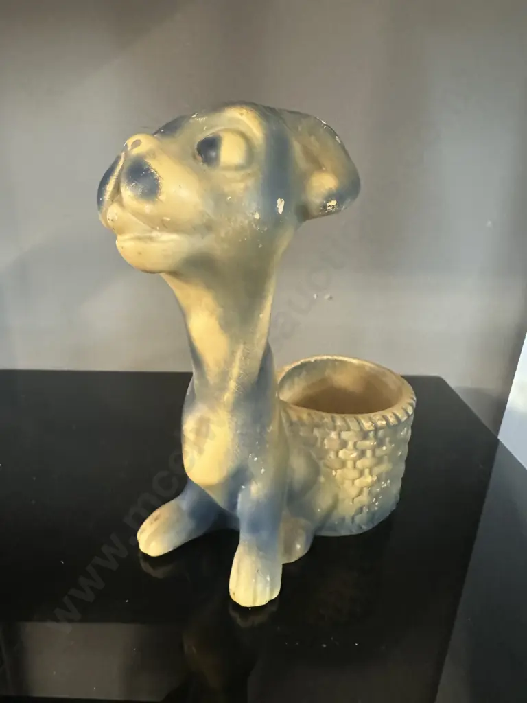 Vintage Ceramic Planter Dog Shape Blue & Yellow Glaze H20cm. Image 1++