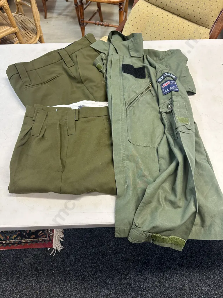 Khaki New Zealand Defence Trousers x2 Size 84 & 92 With Green Military Style Jacket Image 1++