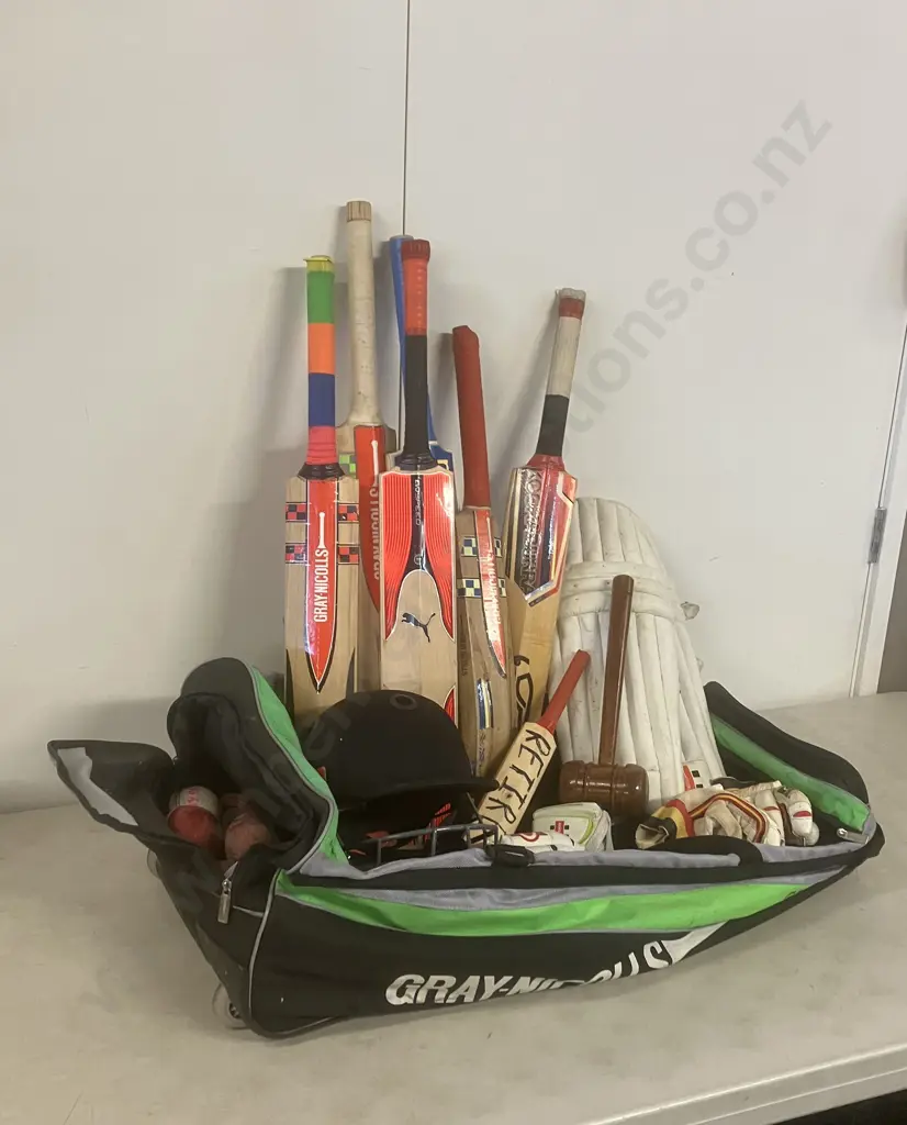 Cricket Gear In Gray-Nicholls Crocket Bag - Junior Elite Size Helmet, Bats, Balls Etc Image 1++