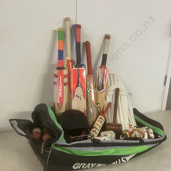 Cricket Gear In Gray-Nicholls Crocket Bag - Junior Elite Size Helmet, Bats, Balls Etc