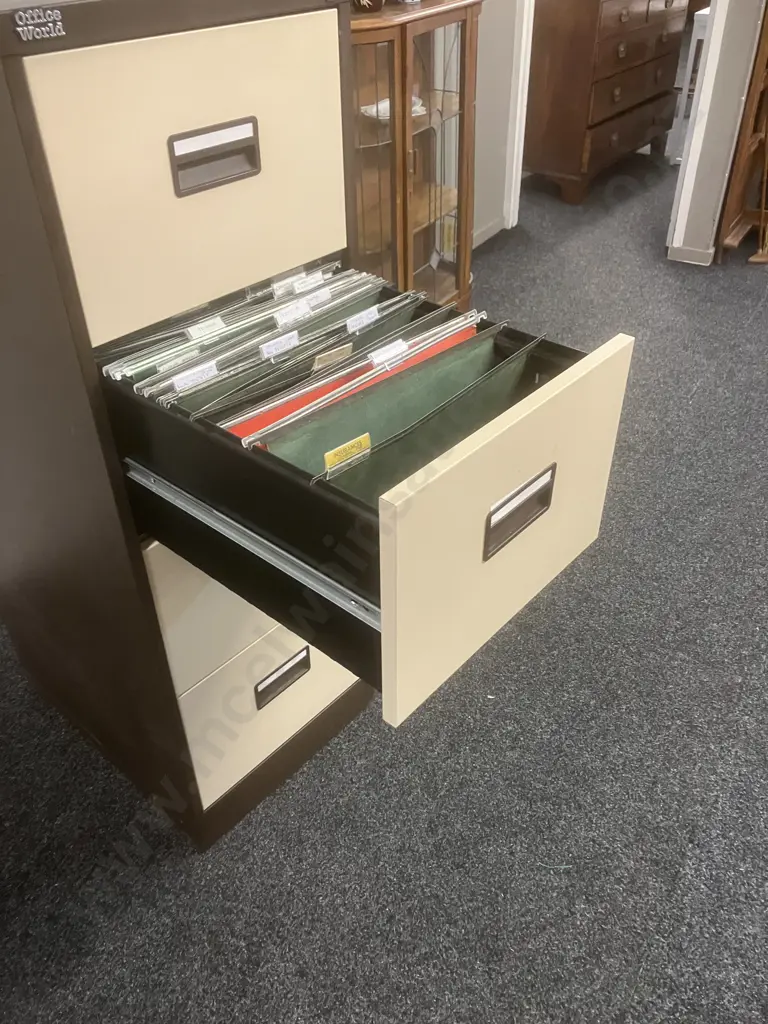 Office World Metal 4 Drawer Filing Cabinet With Suspension Files, 4 Drawer, Brown With Cream Drawers Image 1++