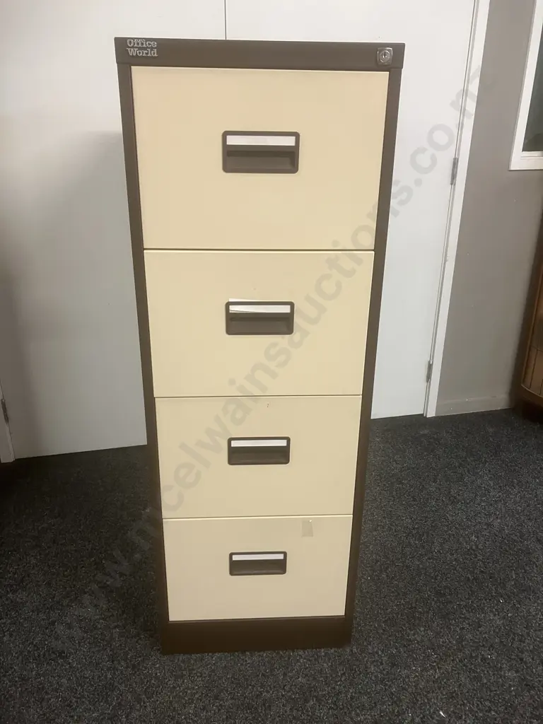 Office World Metal 4 Drawer Filing Cabinet With Suspension Files, 4 Drawer, Brown With Cream Drawers Image 1++