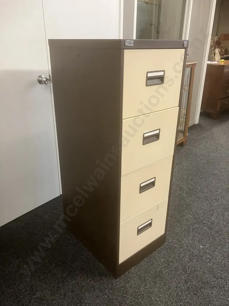 Office World Metal 4 Drawer Filing Cabinet With Suspension Files, 4 Drawer, Brown With Cream Drawers Image 1++