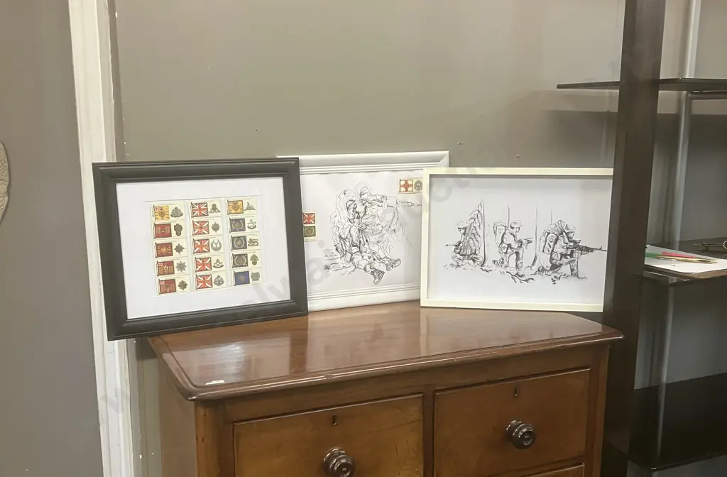 Framed Cigarette Cards Showing Colours & Cap Badges, With Framed Art Pieces Image 1++