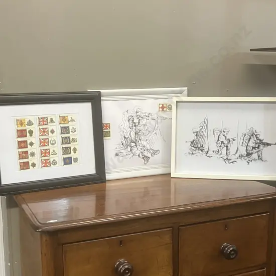 Framed Cigarette Cards Showing Colours & Cap Badges, With Framed Art Pieces
