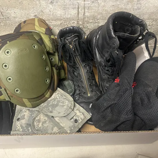 Box Lot Size 8 Boots (as found), Caps, Camo Sundries Etc