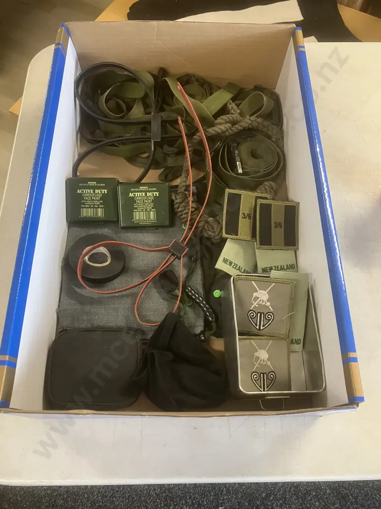 Box Lot Of Sundries Including Patches, Camouflage Face Paint Etc Image 1++