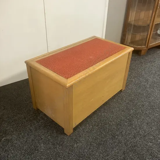 Vintage Oak Blanket Box With Padded Upholstered Top. H48 W85 D47cm