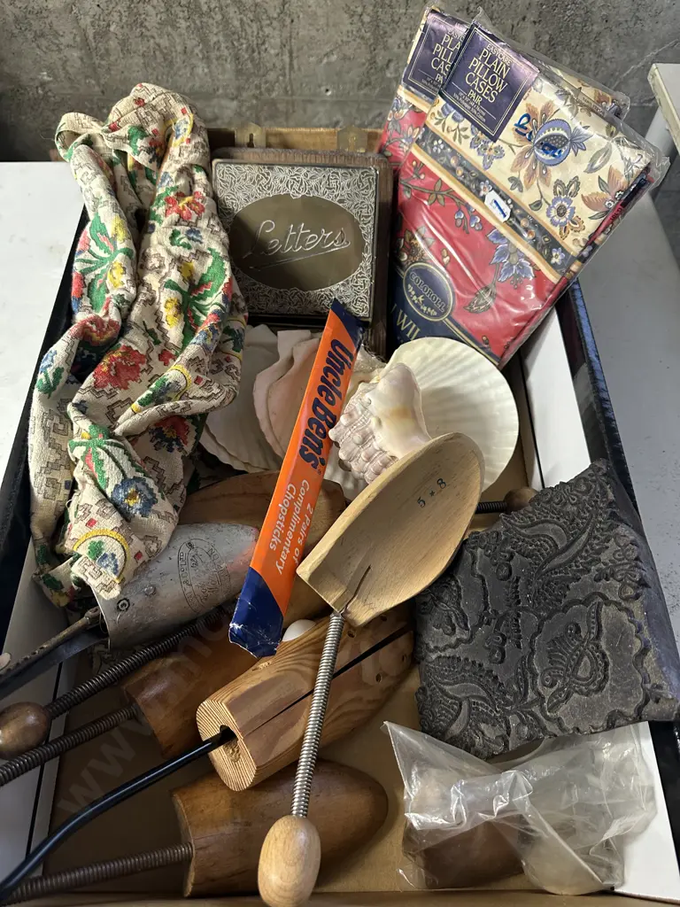 Box Of Vintage Items Including Boot Stretchers, Stamp Etc Image 1++