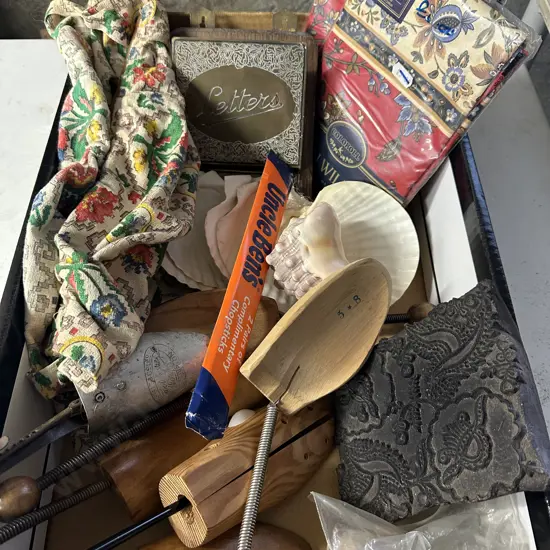 Box Of Vintage Items Including Boot Stretchers, Stamp Etc