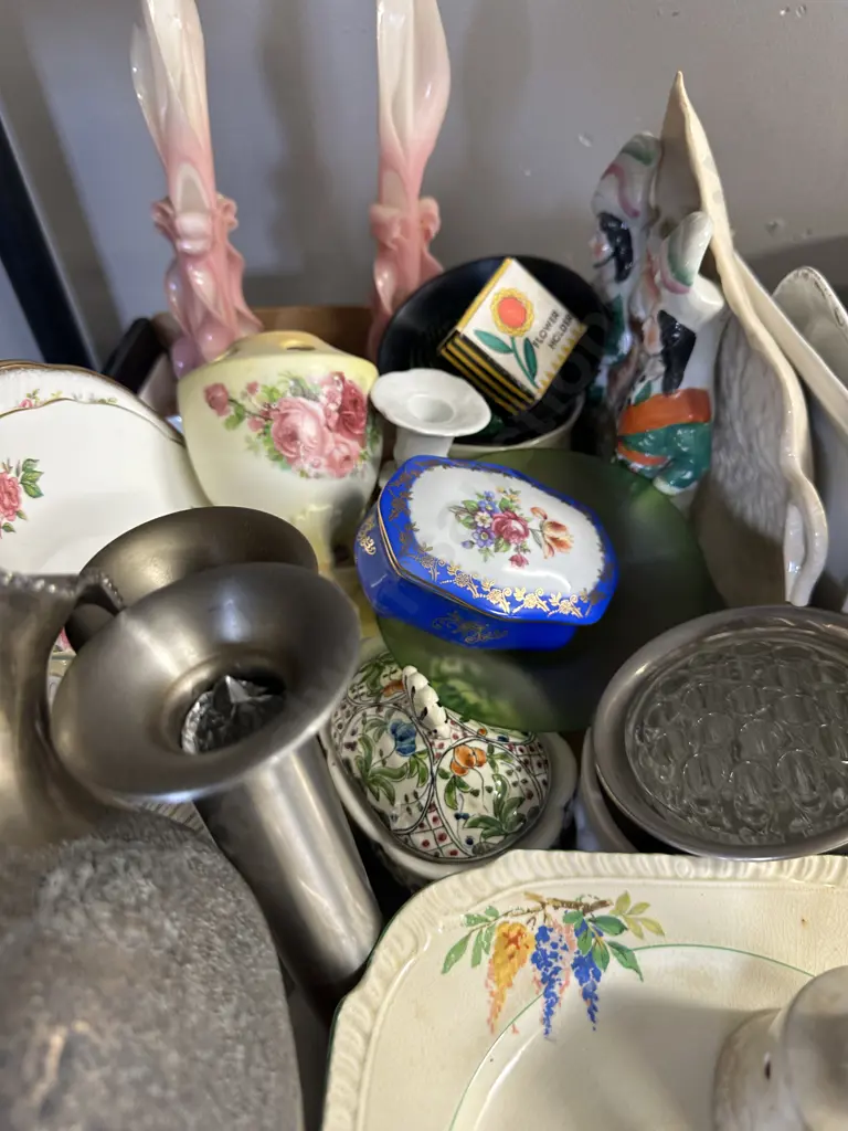 Box Lot Of China Items Including Cake Plate, Vases Etc Image 1++