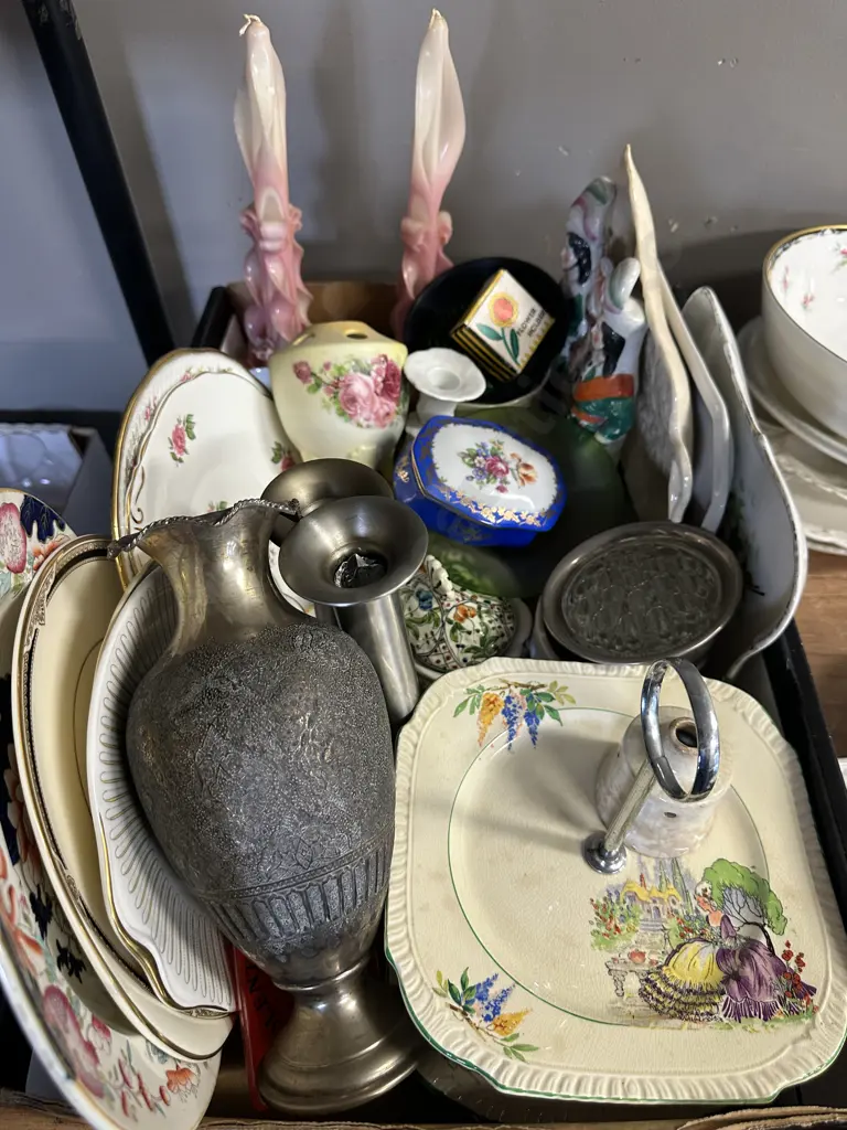 Box Lot Of China Items Including Cake Plate, Vases Etc Image 1++