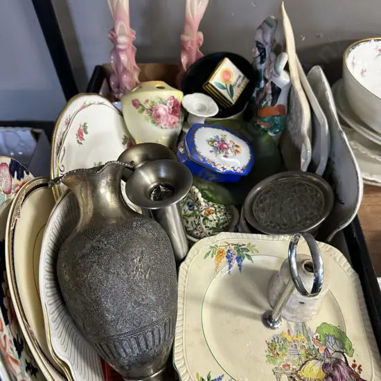 Box Lot Of China Items Including Cake Plate, Vases Etc